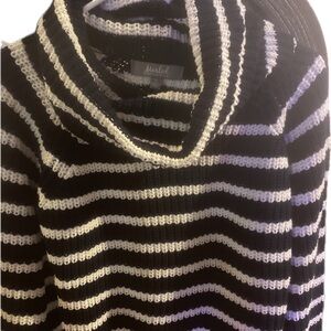 Marled Black & White Striped Cowl Neck Sweater